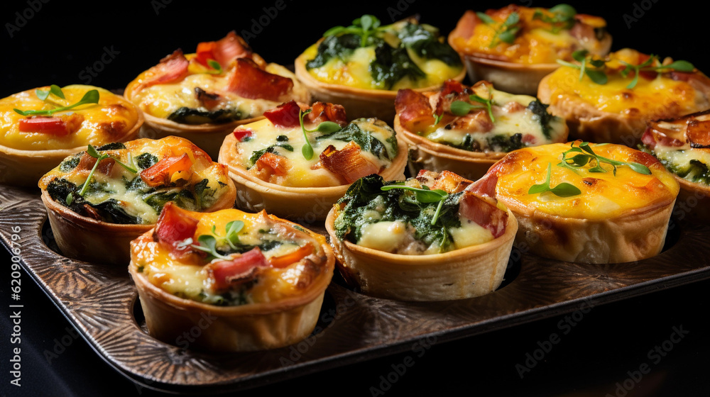 A tray of bite-sized quiches with various fillings, such as spinach and feta, mushroom, and ham and cheese A tray of bite-sized quiches with various fillings, such as spinach and feta, mushroom, and ham and cheese