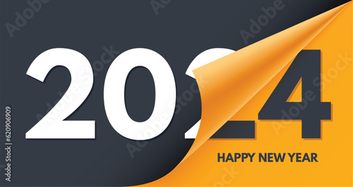 Happy New Year banner. Flip to 2024, calendar with rolled corner greeting card banner vector illustration