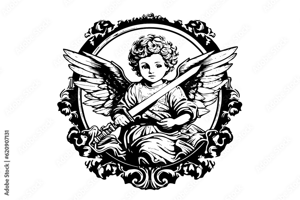 Little angel with sword in frame vector retro style engraving black and white illustration. Cute baby with wings.
