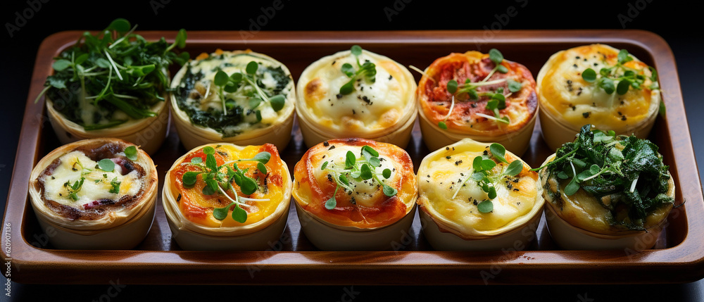 A tray of bite-sized quiches with various fillings, such as spinach and feta, mushroom, and ham and cheese