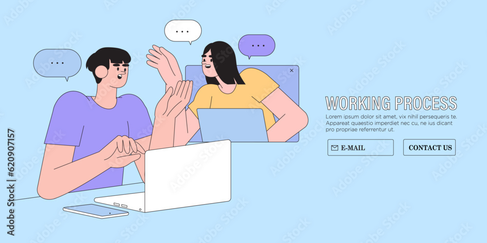 People characters meet online and plan tasks together. Colleagues sharing their business ideas and discuss projects. Business teamwork concept banner, landing page, for web, ui, social media ads.