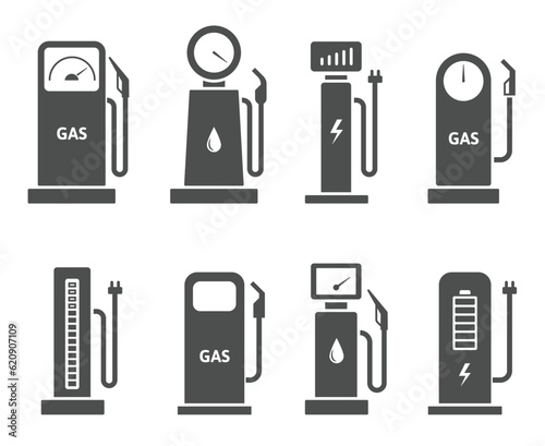 Car refueling station icons. Gas and petrol pump, electric vehicle charger and fuel refilling pictogram symbol vector set