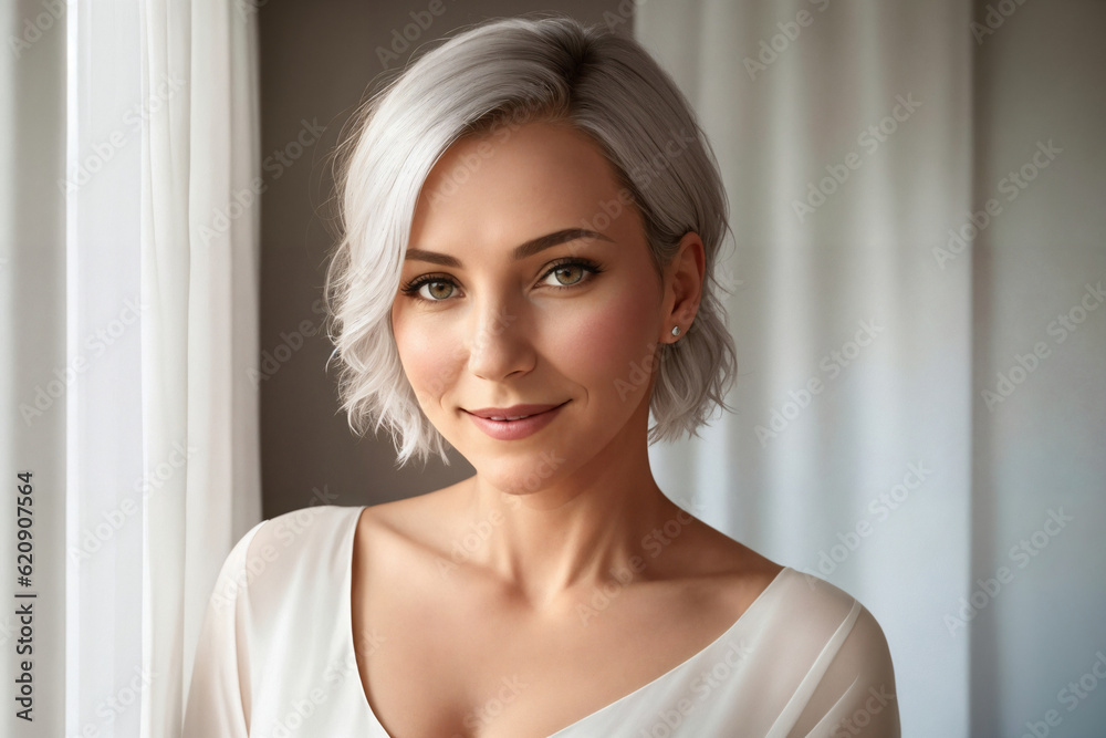 Portrait of a beautiful woman near window in a bedroom. Generative AI.