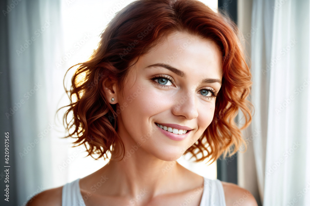 Portrait of a beautiful woman near window in a bedroom, face close-up. Generative AI. Portrait of a beautiful woman near window in a bedroom, face close-up. Generative AI.