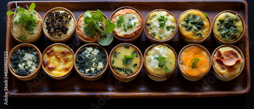 A tray of bite-sized quiches with various fillings  such as spinach and feta  mushroom  and ham and cheese