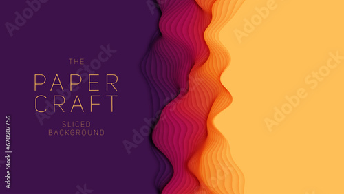 Violet to orange paper layers. 3D abstract gradient papercut. Colorful origami shape concept