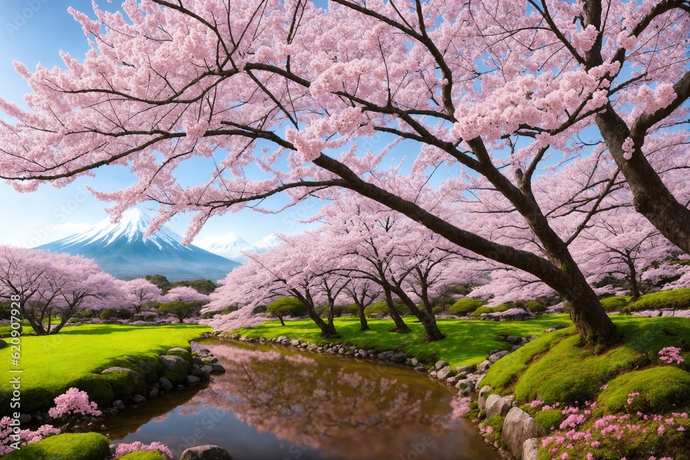 Sakura blossoms in japanese style ornamental garden, beautiful landscape. Generative AI. Sakura blossoms in japanese style ornamental garden, beautiful landscape. Generative AI.