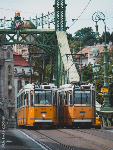 Two trolley cars going in different directions in the city of Budapest © Rodrigo