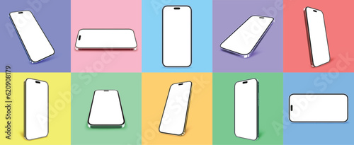 Smartphone mockups. Realistic 3D mobile phone frames with shadows, isolated color cellphone device on colorful background vector branding template set
