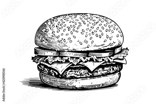 Burger engraving style art. Hand drawn vector illustration of hamburger.