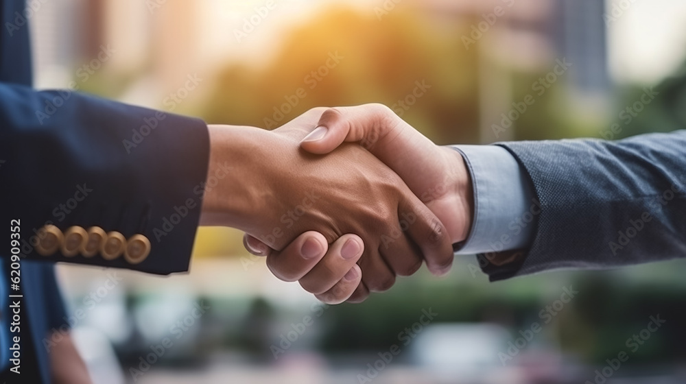 A close-up picture of a businessman shaking hands on a business cooperation agreement in the heart of the city A close-up picture of a businessman shaking hands on a business cooperation agreement in the heart of the city