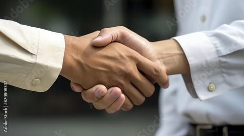A close-up picture of a businessman shaking hands on a business cooperation agreement in the heart of the city
