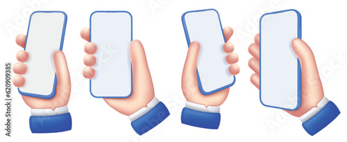 Mobile phone in hand mockup. Cartoon hand holding smartphone with empty screen and blue frame around display, app showcase vector template set