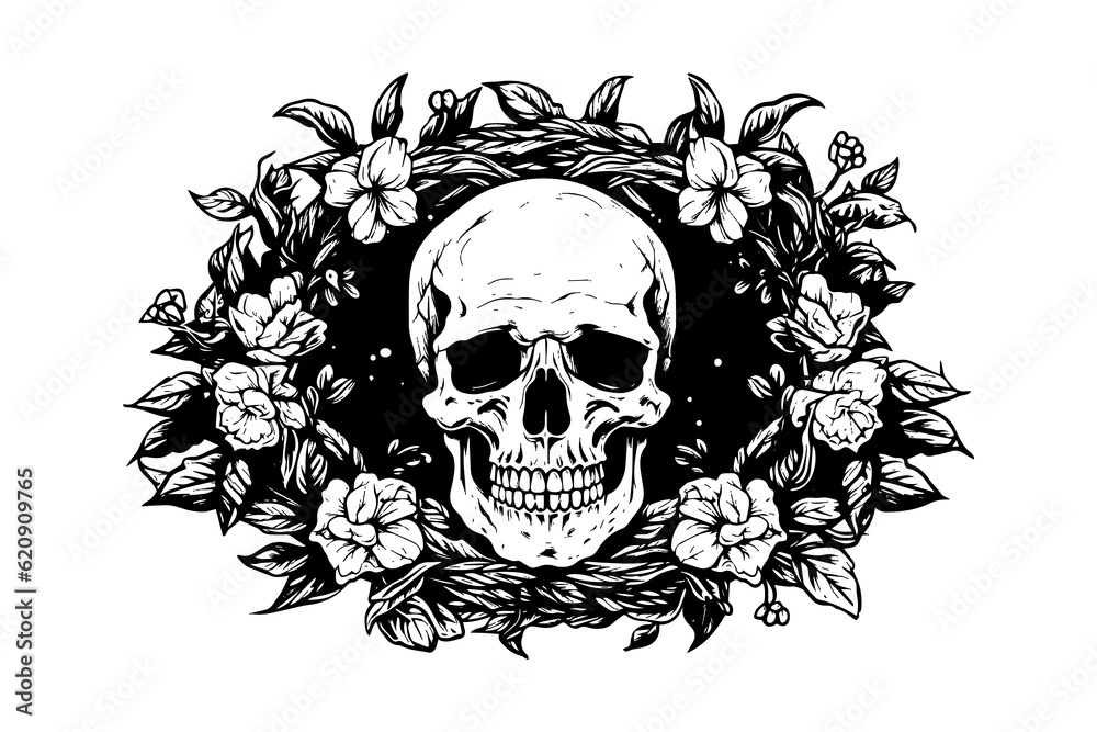 Fototapeta premium Human skull in a flower frame woodcut style. Vector engraving sketch illustration for tattoo and print design.