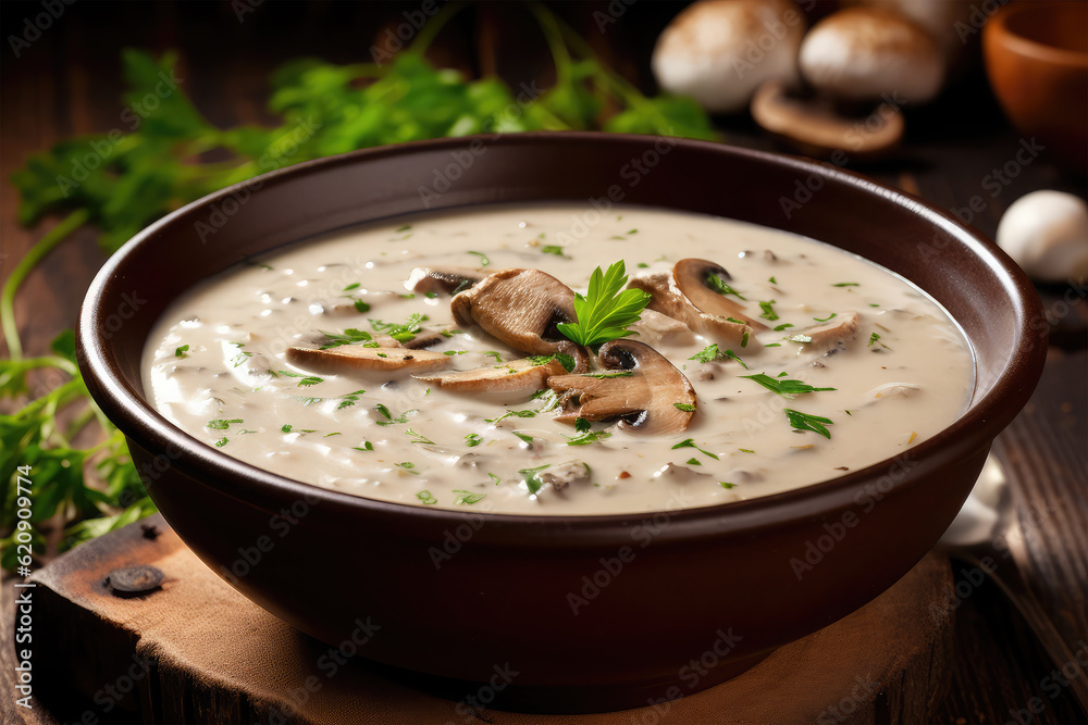 creamy mushroom soup on background