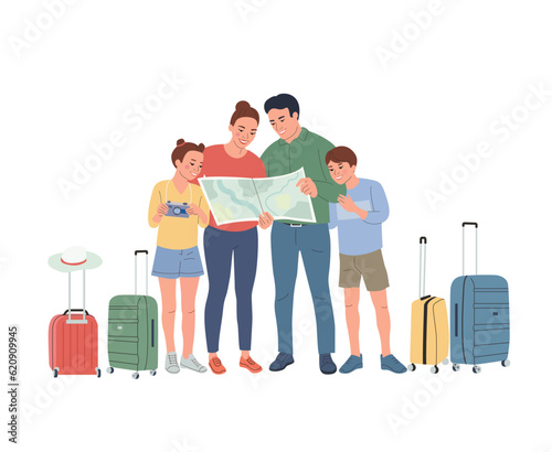 Family with luggage are planning vacation and studying the map for the journey. Vector cartoon flat style illustration