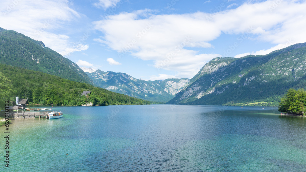 Beautiful panorama of the mountains in lake Bohinj, Slovenia, on a sunny day