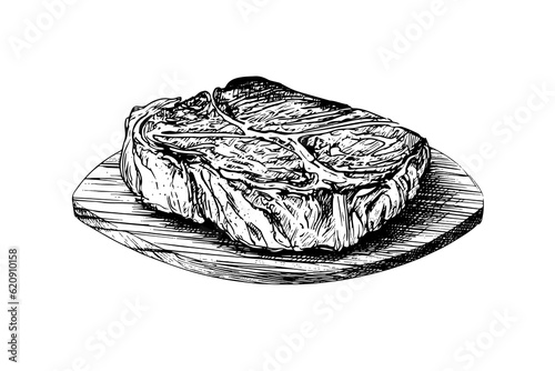 Meat steak on wood board. Hand drawing sketch engraving style vector illustration