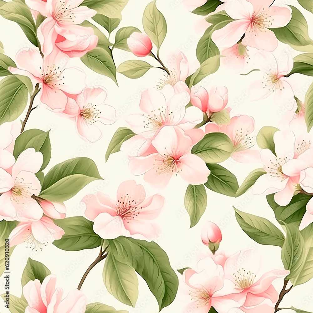 Green leaves branches with cherry blossom flowers on white background; for wrappers, wallpapers, postcards, greeting cards, wedding invites, romantic events, seamless watercolor floral pattern - pink.