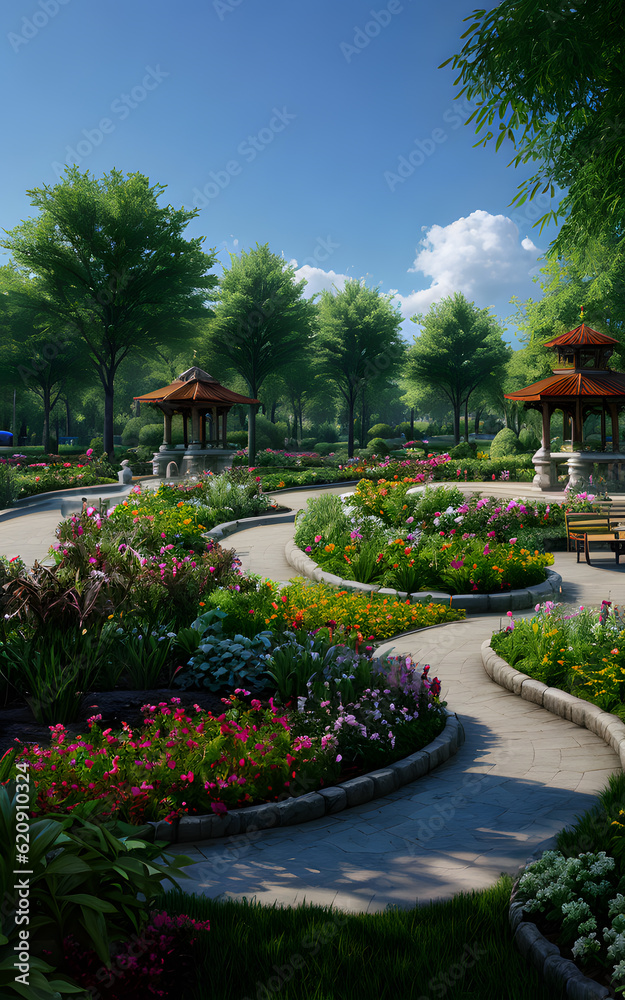 Beautiful garden park environment by green foliage of trees and flowers thrive