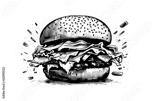 Burger engraving style art. Hand drawn vector illustration of hamburger.
