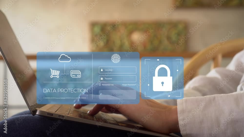 Woman working in the office and doing online payment with digital wallet and secure login, safety Data protection, VPN, virtual private network, Internet cyber security, Cyber crime protection