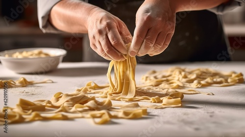 Hands of a man who makes homemade noodles . generative AI