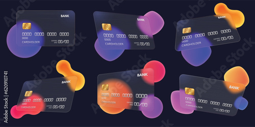 Transparent bank card. Abstract glass credit card template with blurred gradient shapes vector mockup illustration set