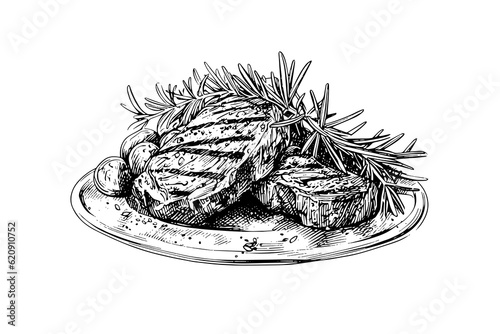 Meat steak on the plate. Hand drawing sketch engraving style vector illustration