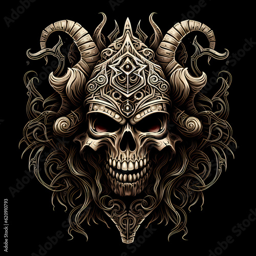 Skull and Viking Helmet tshirt tattoo design dark art illustration isolated on black
