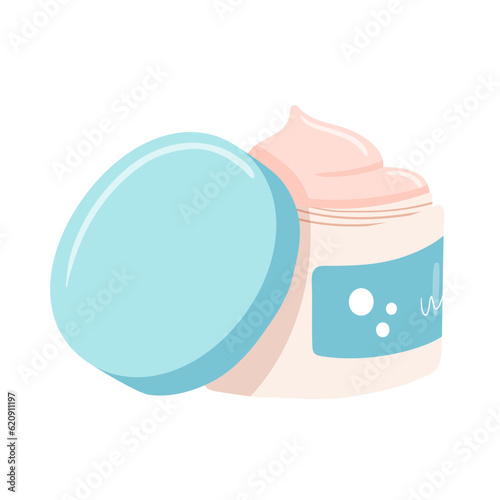 Skin care product, open jar of face cream. Flat cartoon cosmetic illustration