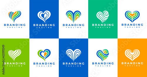Colorful line abstract heart logo design set