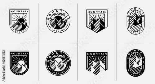 Modern line sun rise mountain peak emblem logo set