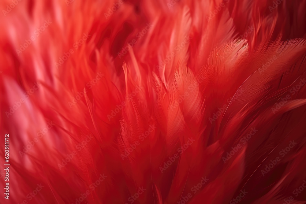 Bright red feathers as background, closeup. Generative Ai 