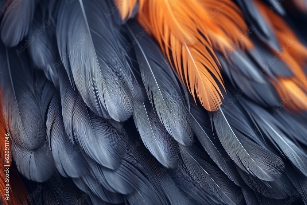 Obraz premium Close up of the feathers of a black and orange pheasant. Generative Ai
