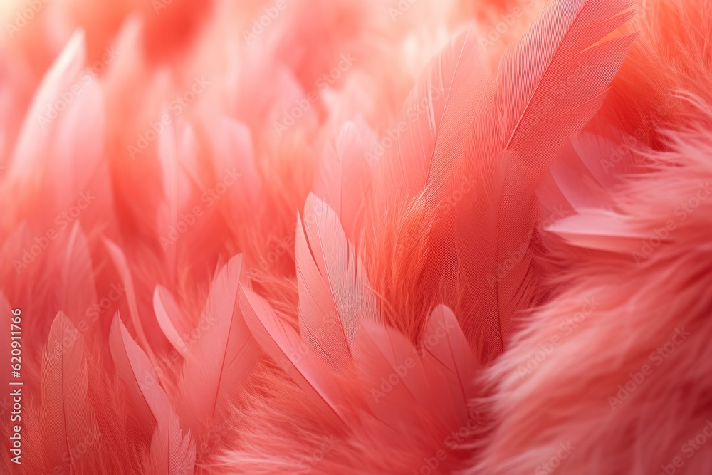 Close up of pink feathers as background. Soft focus. Generative Ai