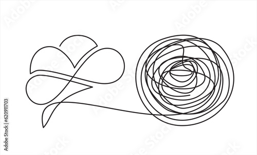 Chaos and brain, abstract minimalist concept vector illustration. Metaphor of disorganized difficult problem mess with single continuous tangle thread in need of unraveling, found solution.