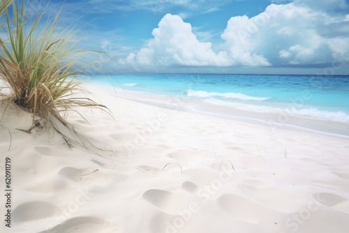 Beautiful seascape background traveling white sand in front of seashore with grass plant bush sandy coast splashing foamy waves blue clouds azure sea ocean water summer resort trip beach exotic nature