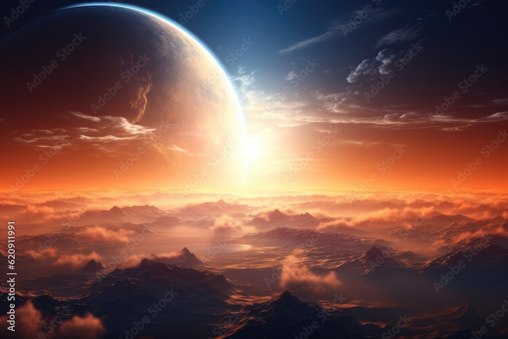 Fantasy alien planet. Mountain and sunset. 3d render illustration. Generative Ai