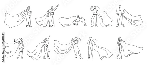Continuous one line superheroes. Super woman and man with hero cloth cape, strong leader in superhero pose vector illustration set