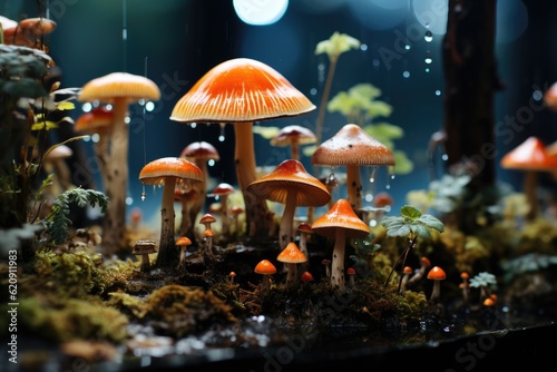 Orange mushrooms in the rain forest. Selective focus. Nature. Generative Ai