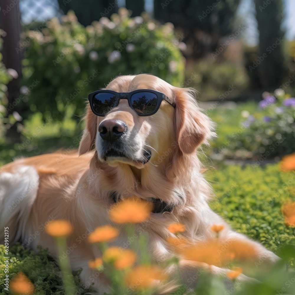 Golden retriever with black glasses sitting in the garden