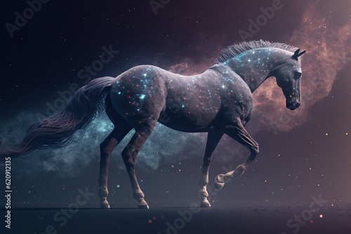 horse floating in starry outer space, Generative AI