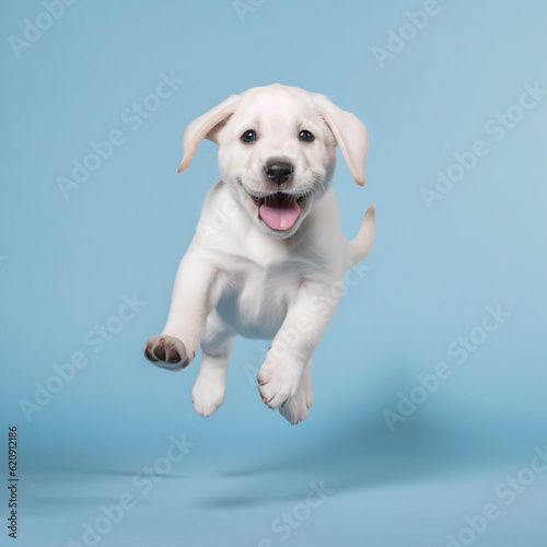 Labrador Pup Jumping on a clean aqua green background