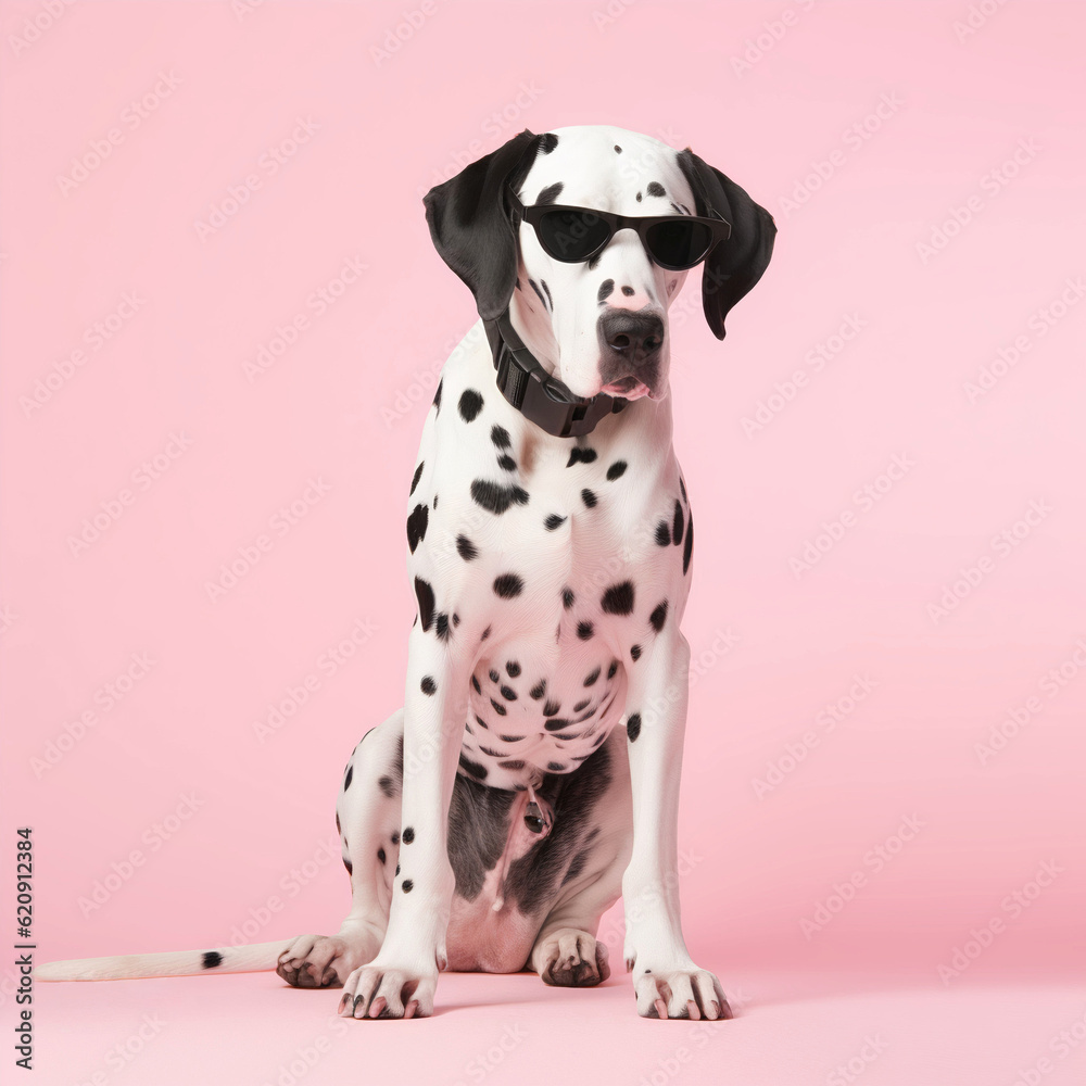 Dalmatians dog with black glasses sitting on a clean pink background