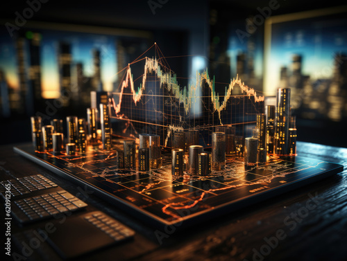 The trading market concept comes to life with financial graphs, glowing lines, and diagrams displayed on a digital screen against a backdrop of a world map. Generative AI.