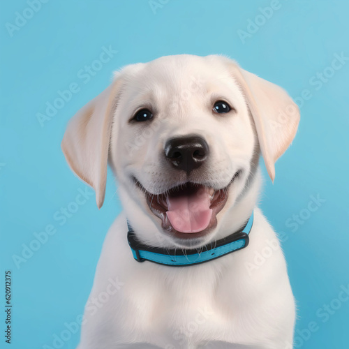 Labrador Pup smiling on a clean aqua green background