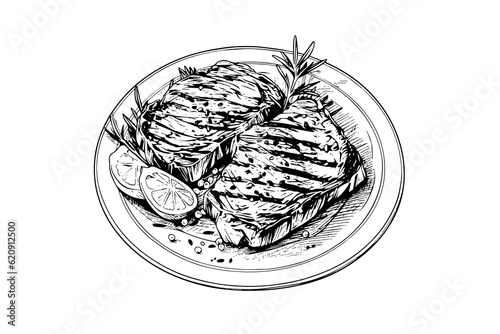 Meat steak on the plate. Hand drawing sketch engraving style vector illustration