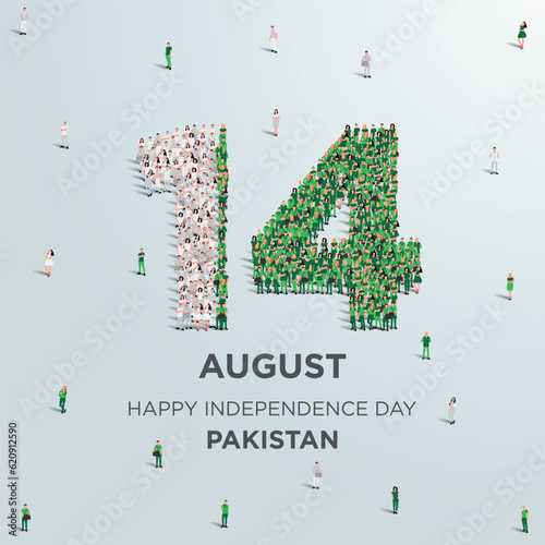 Happy Independence Day Pakistan. A large group of people form to create the number 14 as Pakistan celebrates its Independence Day on the 14th of August. Vector illustration.