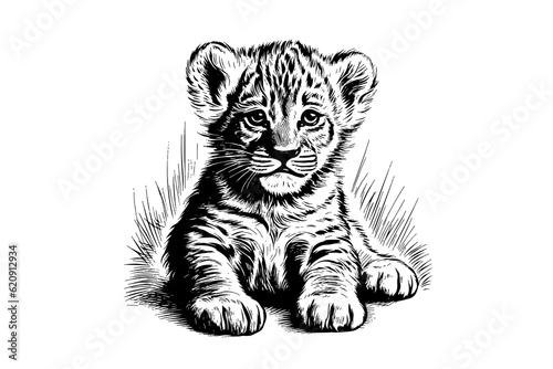 Baby lion Hand drawn illustration for tattoo , logotype, emblem design. Engraving of wild kitten. Vintage sketch style image.